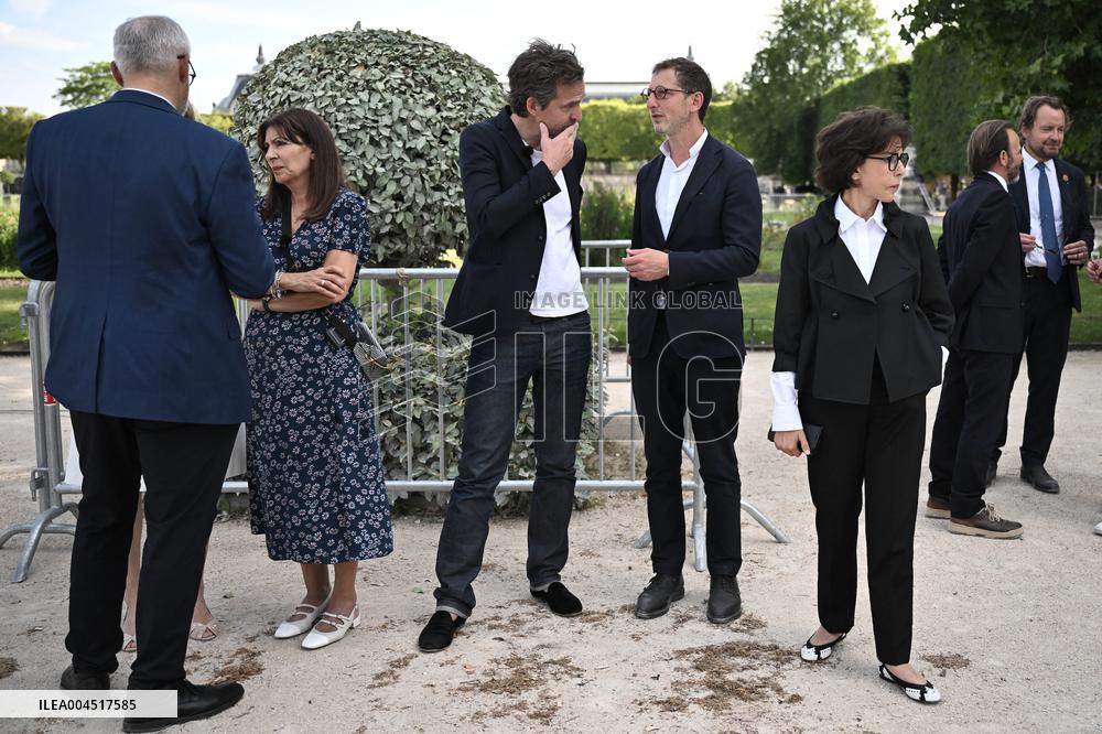 Macron Visits The Olympic Cauldron Reinstallation Site - Paris