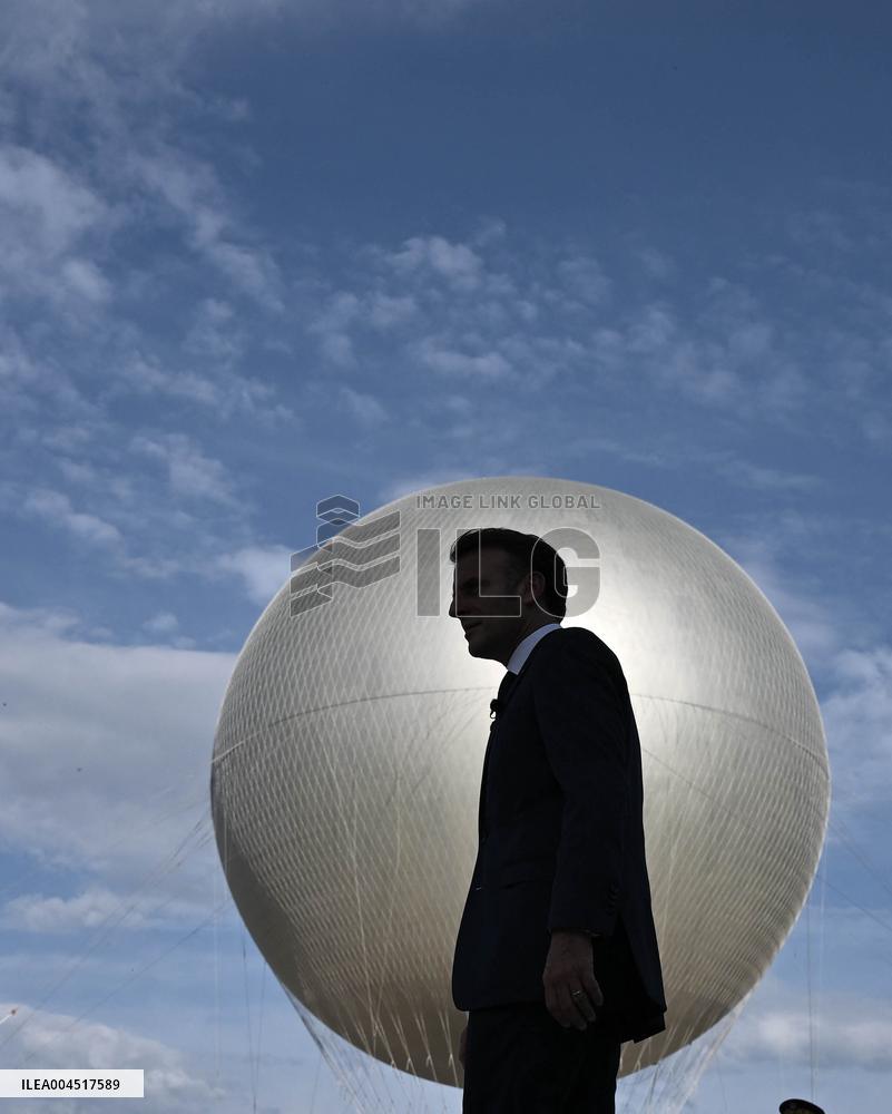 Macron Visits The Olympic Cauldron Reinstallation Site - Paris
