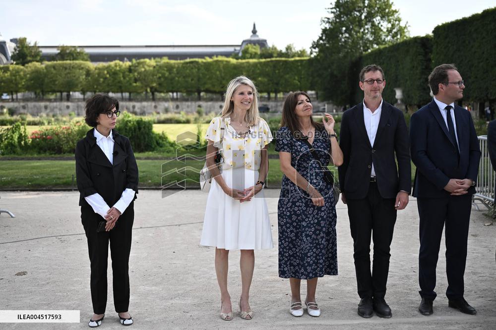 Macron Visits The Olympic Cauldron Reinstallation Site - Paris