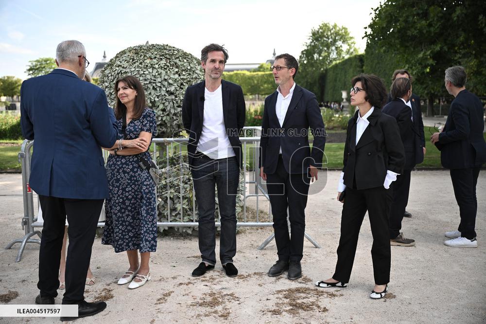 Macron Visits The Olympic Cauldron Reinstallation Site - Paris