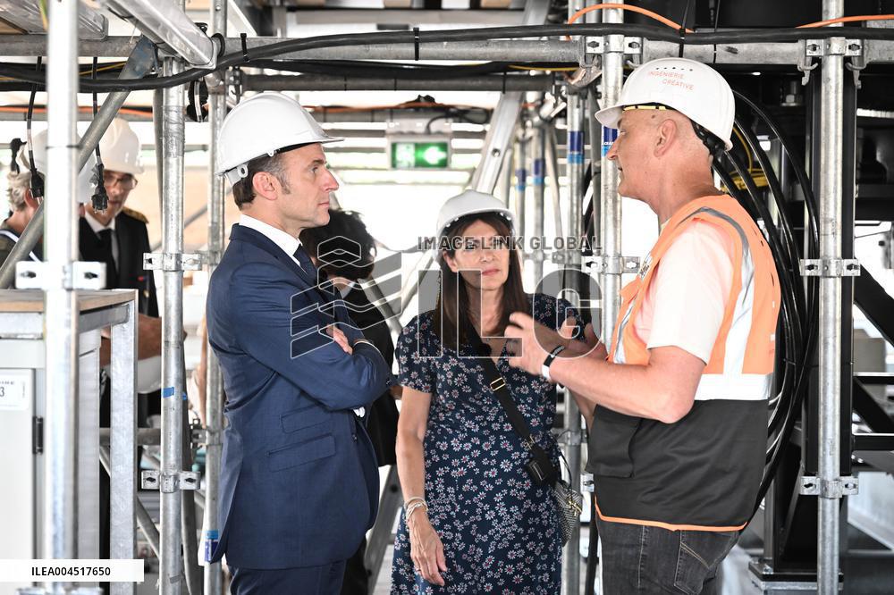 Macron Visits The Olympic Cauldron Reinstallation Site - Paris