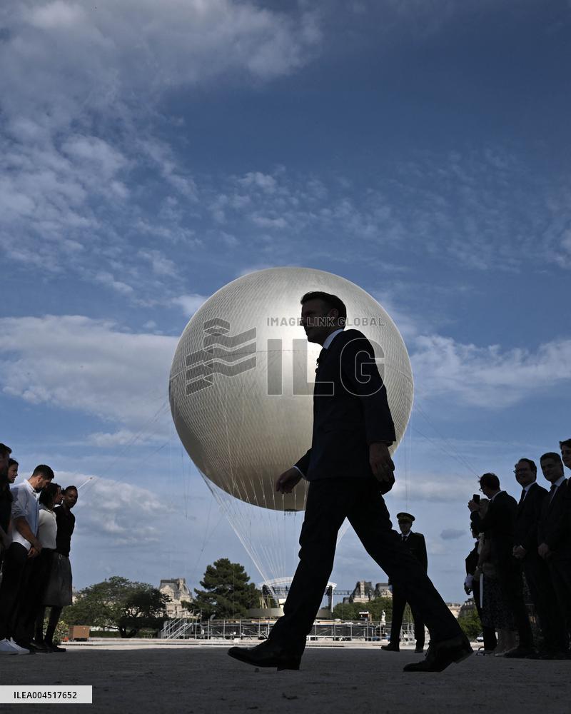 Macron Visits The Olympic Cauldron Reinstallation Site - Paris