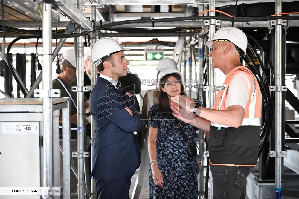 Macron Visits The Olympic Cauldron Reinstallation Site - Paris