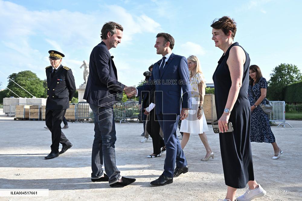 Macron Visits The Olympic Cauldron Reinstallation Site - Paris