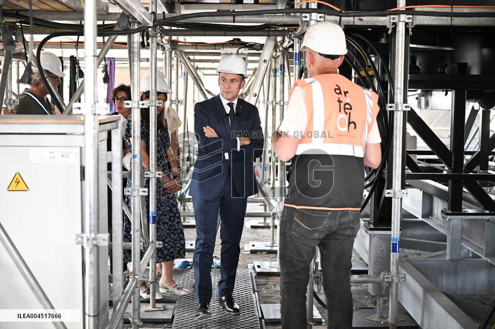 Macron Visits The Olympic Cauldron Reinstallation Site - Paris