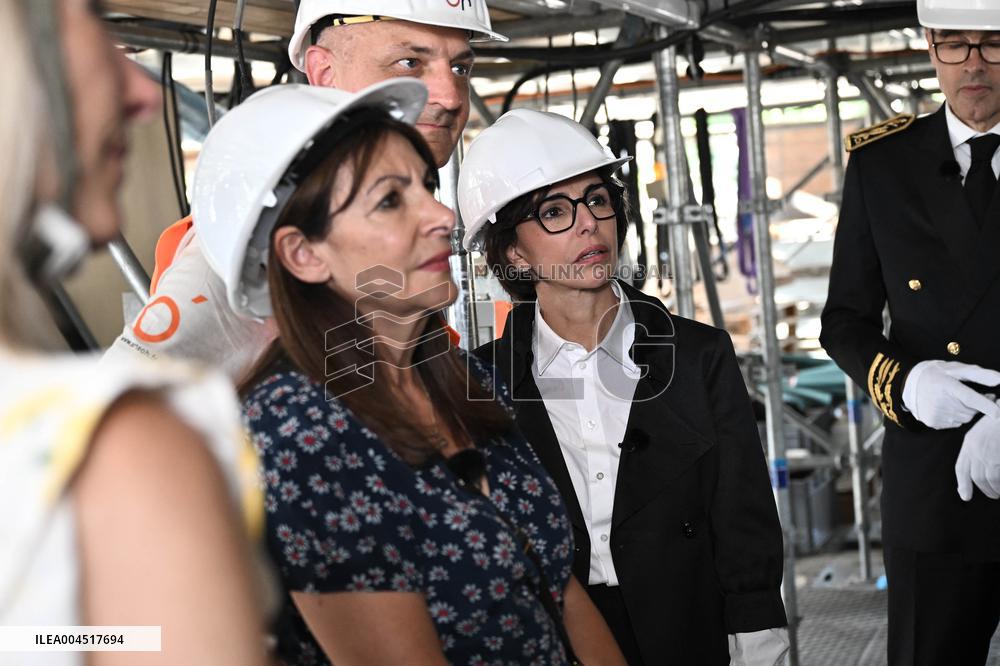 Macron Visits The Olympic Cauldron Reinstallation Site - Paris