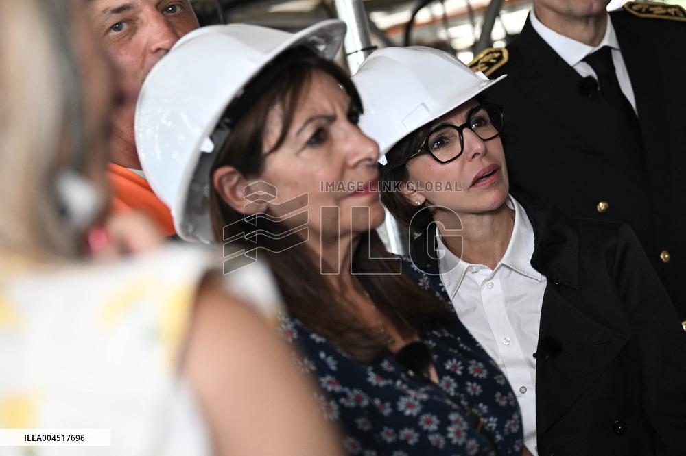Macron Visits The Olympic Cauldron Reinstallation Site - Paris