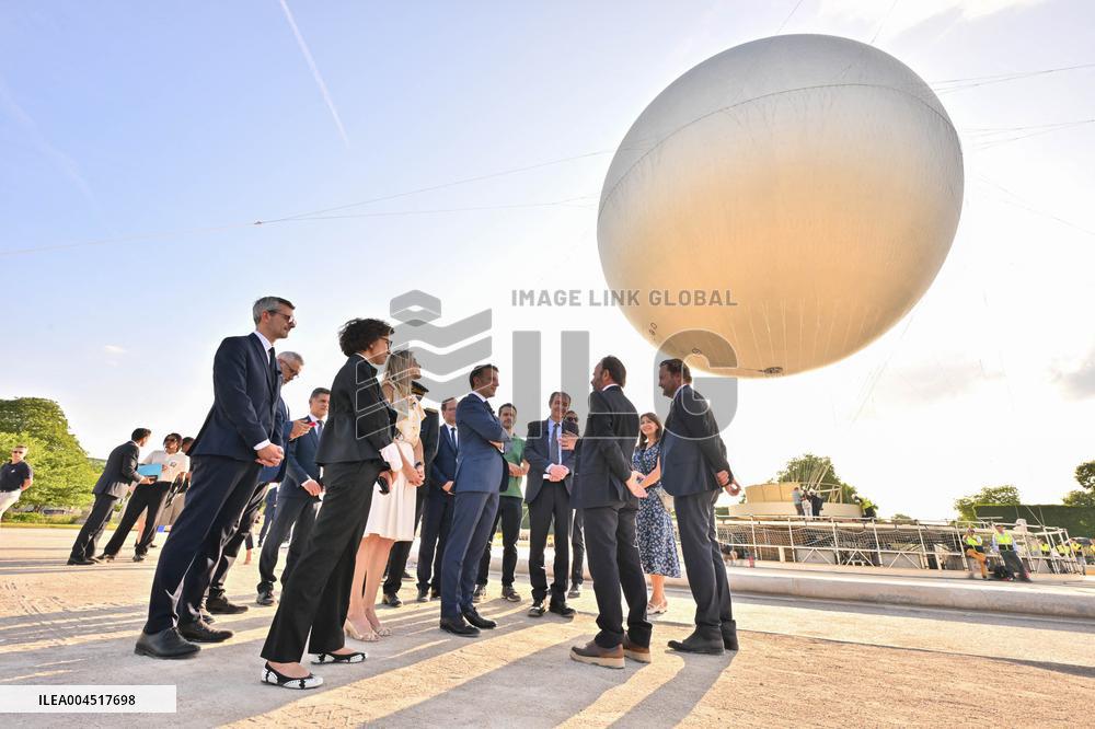 Macron Visits The Olympic Cauldron Reinstallation Site - Paris