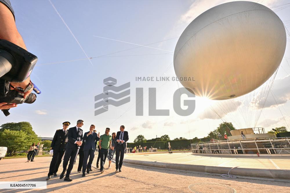 Macron Visits The Olympic Cauldron Reinstallation Site - Paris