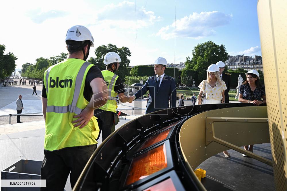 Macron Visits The Olympic Cauldron Reinstallation Site - Paris