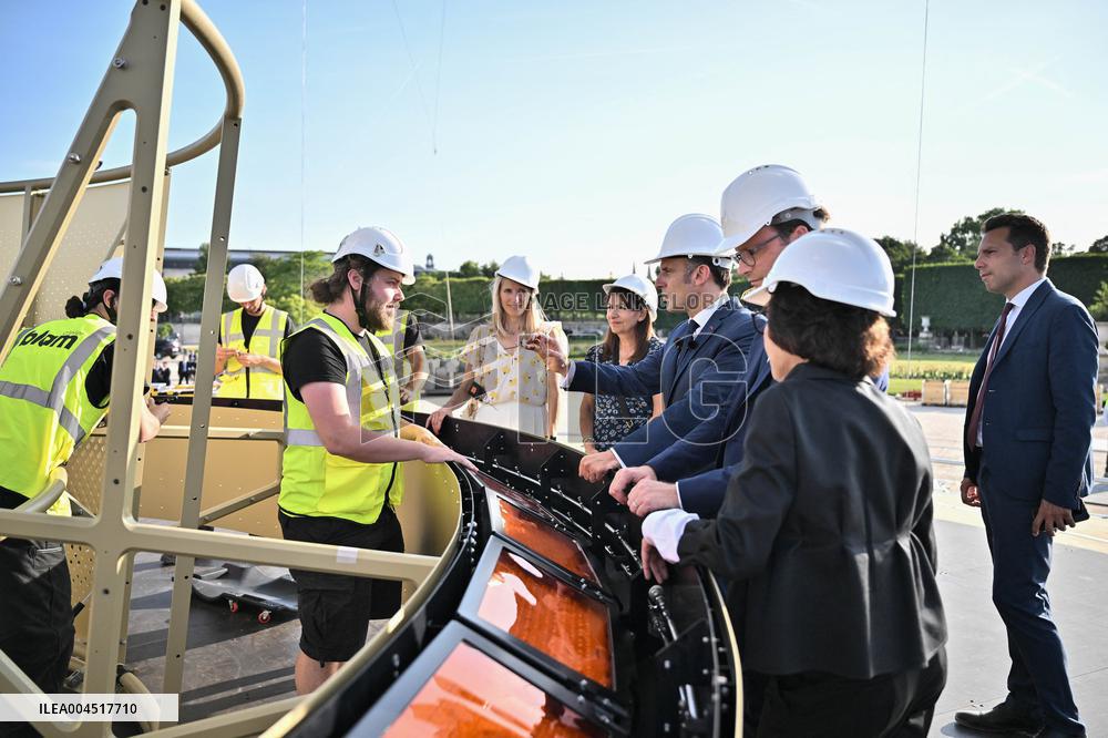 Macron Visits The Olympic Cauldron Reinstallation Site - Paris
