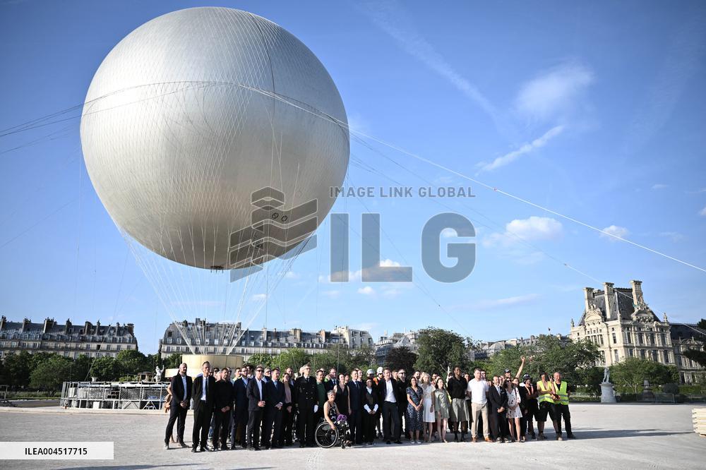 Macron Visits The Olympic Cauldron Reinstallation Site - Paris