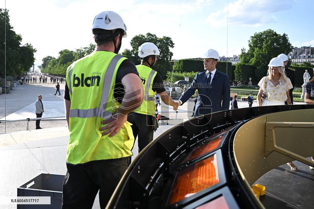 Macron Visits The Olympic Cauldron Reinstallation Site - Paris