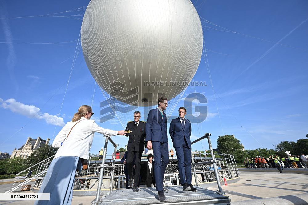 Macron Visits The Olympic Cauldron Reinstallation Site - Paris