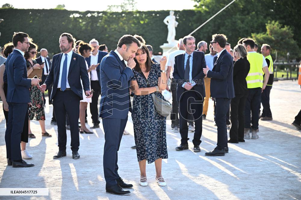 Macron Visits The Olympic Cauldron Reinstallation Site - Paris