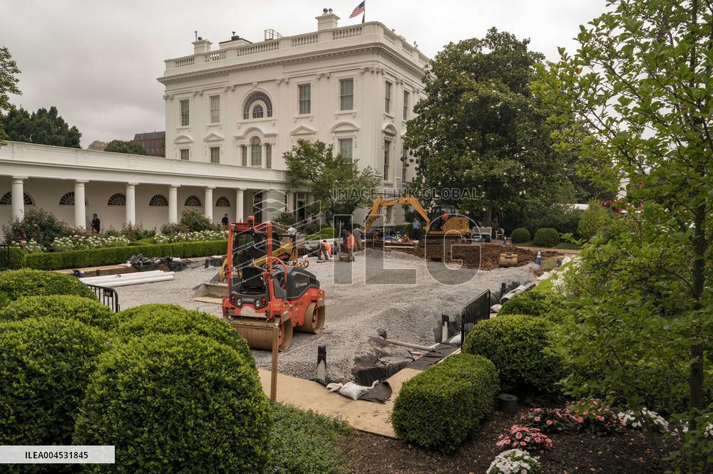 Workers Reconstruct the Rose Garden to Pavement at the White House
