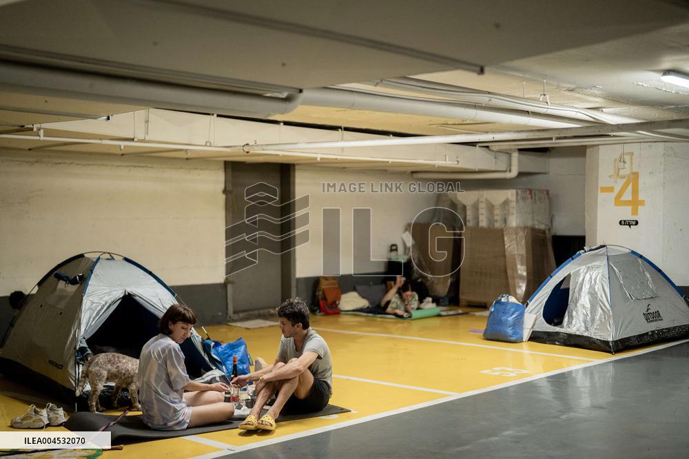 Israelis Shelter Underground Parking Lot - Tel Aviv
