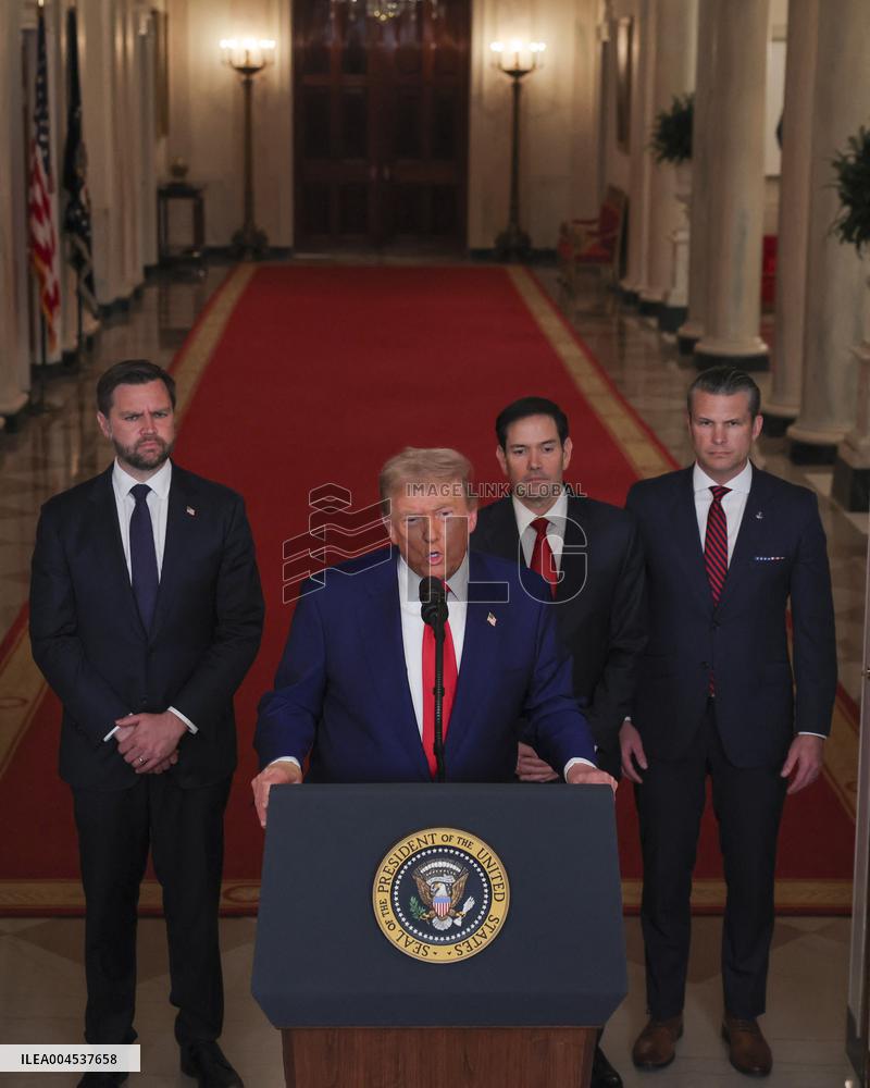U.S. President Donald Trump delivers an address to the nation at the White House in Washington, following U.S. strikes on Iran's