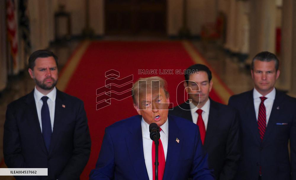 U.S. President Donald Trump delivers an address to the nation at the White House in Washington, following U.S. strikes on Iran's