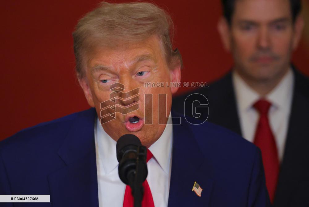 U.S. President Donald Trump delivers an address to the nation at the White House in Washington, following U.S. strikes on Iran's