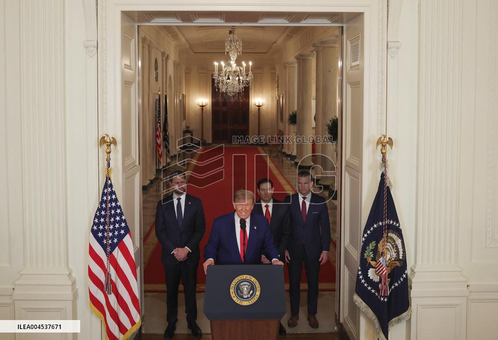U.S. President Donald Trump delivers an address to the nation at the White House in Washington, following U.S. strikes on Iran's