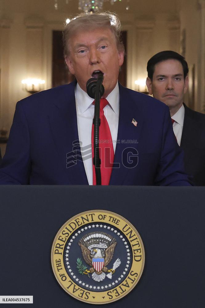 U.S. President Donald Trump delivers an address to the nation at the White House in Washington, following U.S. strikes on Iran's