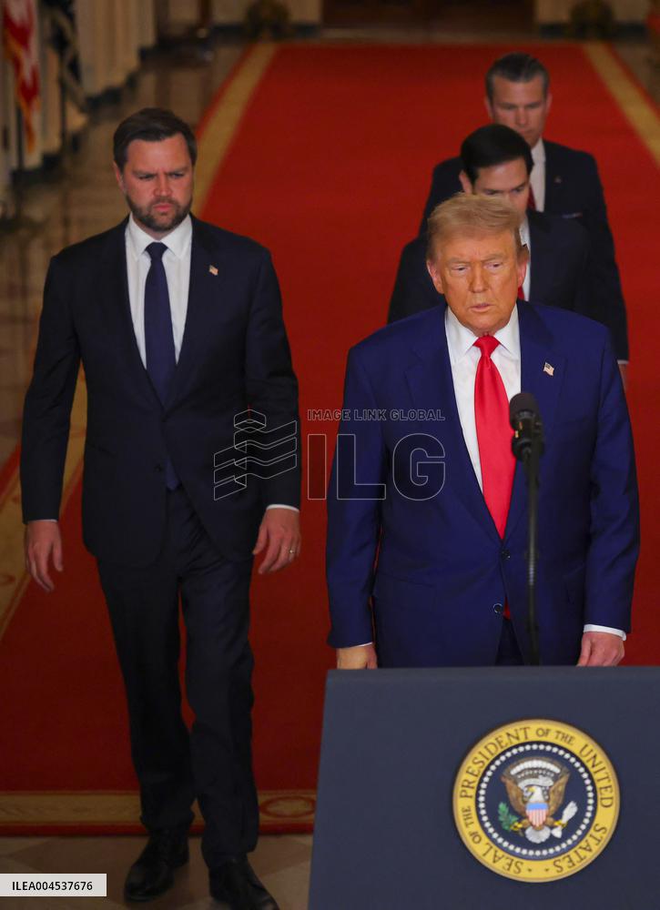 U.S. President Donald Trump delivers an address to the nation at the White House in Washington, following U.S. strikes on Iran's