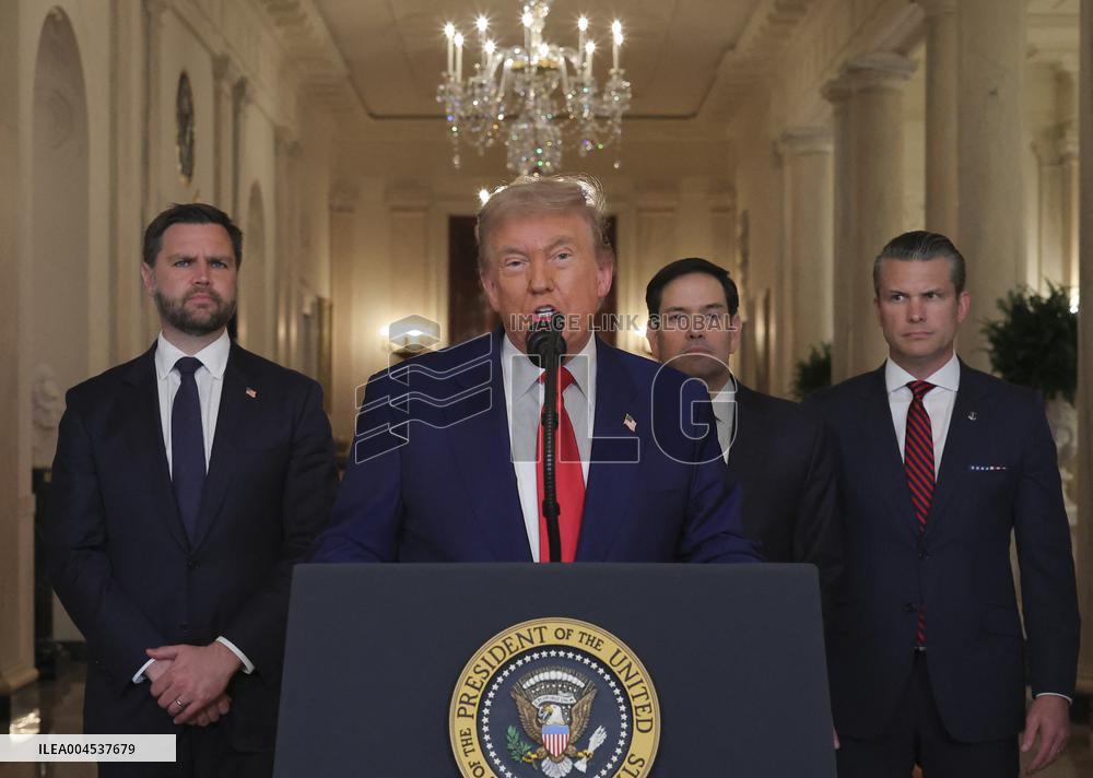 U.S. President Donald Trump delivers an address to the nation at the White House in Washington, following U.S. strikes on Iran's
