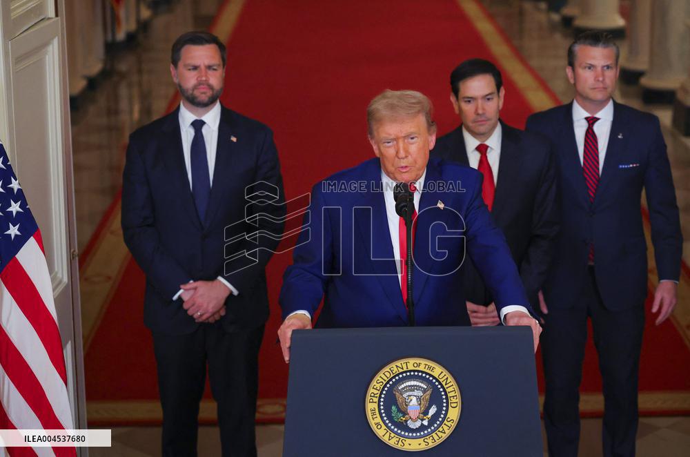 U.S. President Donald Trump delivers an address to the nation at the White House in Washington, following U.S. strikes on Iran's