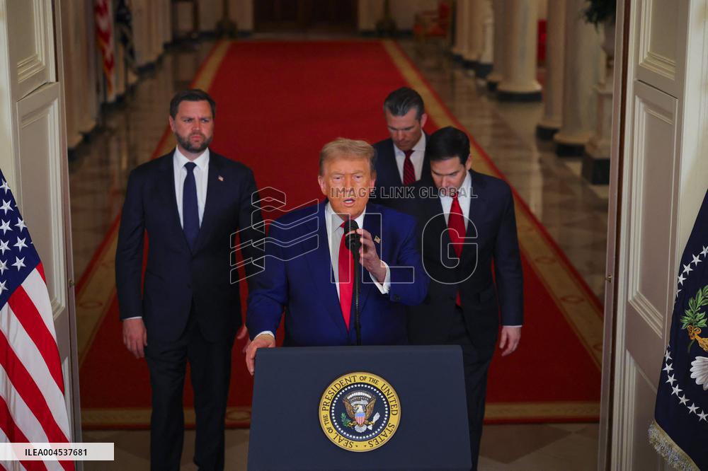 U.S. President Donald Trump delivers an address to the nation at the White House in Washington, following U.S. strikes on Iran's