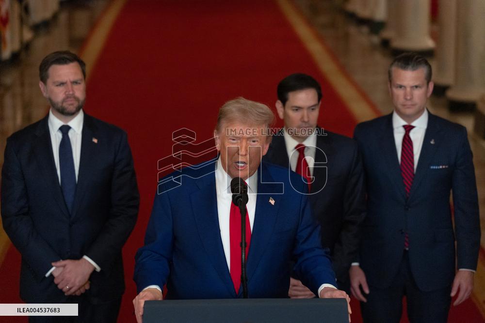 U.S. President Donald Trump delivers an address to the nation at the White House in Washington, following U.S. strikes on Iran's
