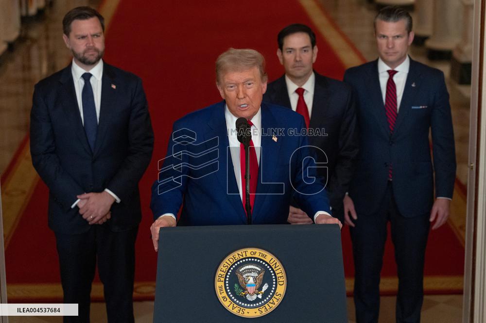 U.S. President Donald Trump delivers an address to the nation at the White House in Washington, following U.S. strikes on Iran's