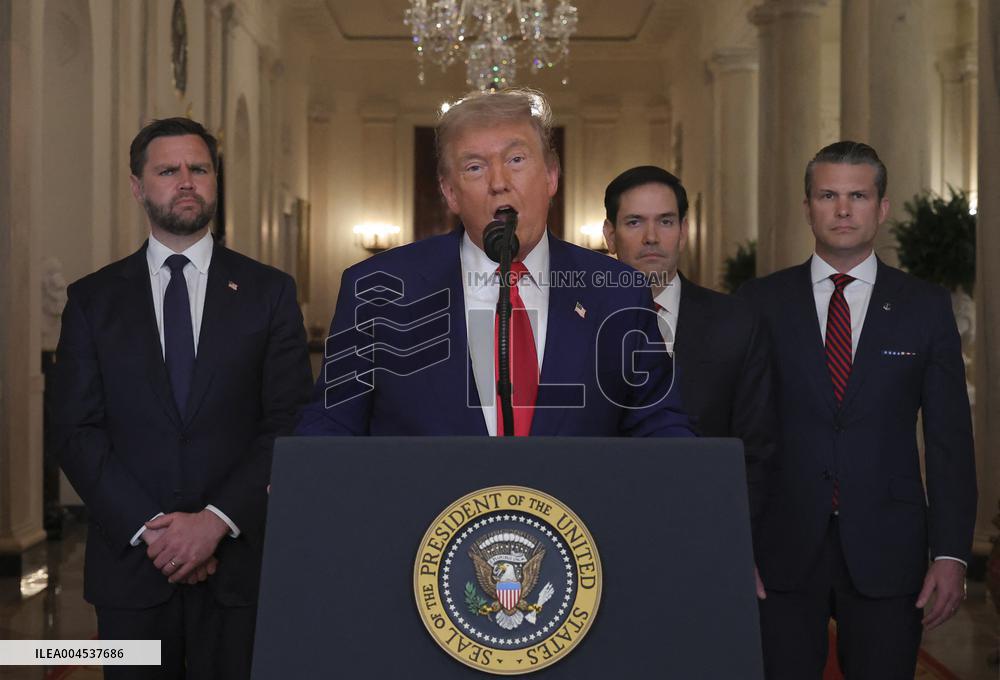 U.S. President Donald Trump delivers an address to the nation at the White House in Washington, following U.S. strikes on Iran's