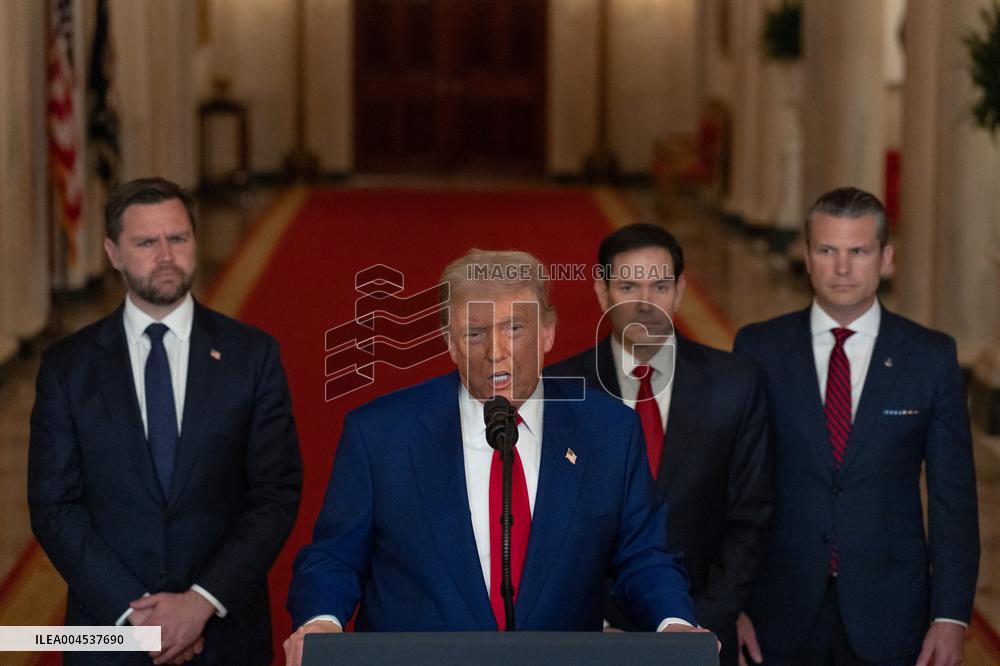 U.S. President Donald Trump delivers an address to the nation at the White House in Washington, following U.S. strikes on Iran's