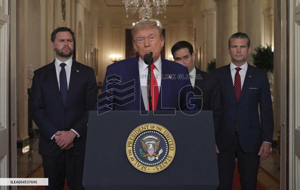 U.S. President Donald Trump delivers an address to the nation at the White House in Washington, following U.S. strikes on Iran's
