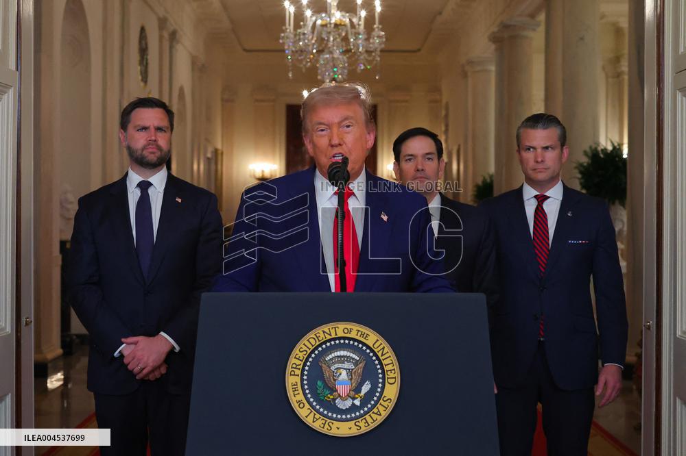 U.S. President Donald Trump delivers an address to the nation at the White House in Washington, following U.S. strikes on Iran's