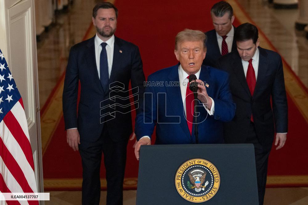 U.S. President Donald Trump delivers an address to the nation at the White House in Washington, following U.S. strikes on Iran's