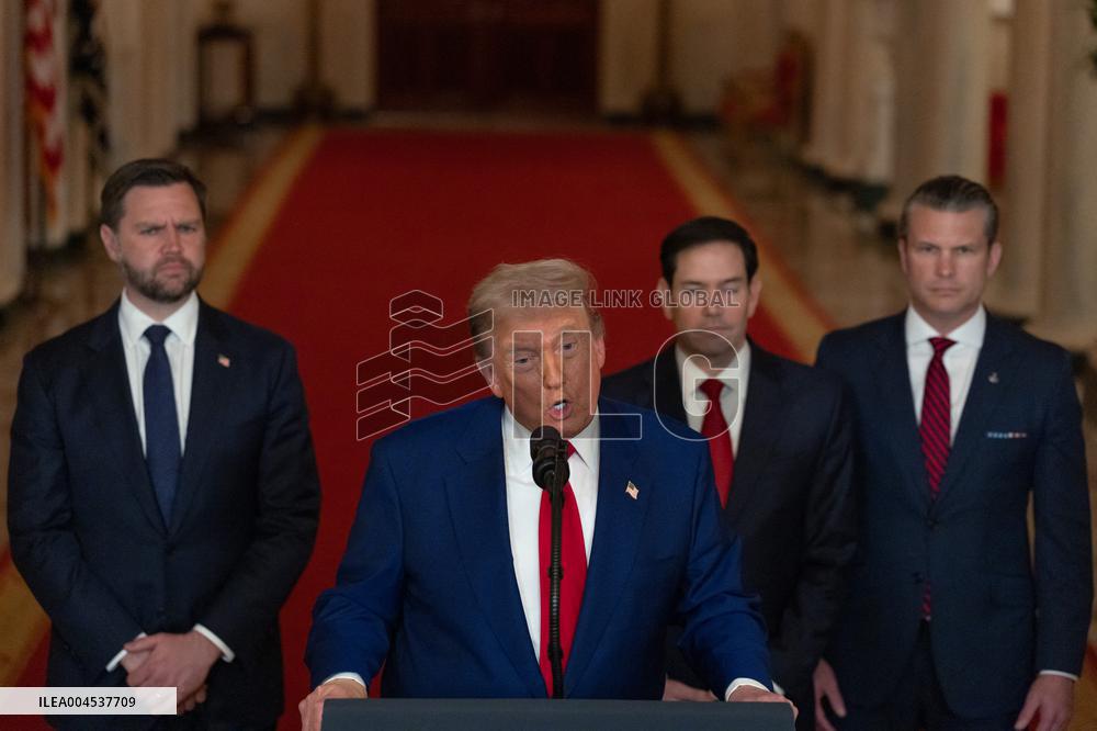 U.S. President Donald Trump delivers an address to the nation at the White House in Washington, following U.S. strikes on Iran's