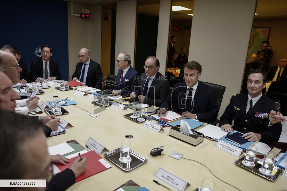 French President Emmanuel Macron Attends A National Security Meeting - Paris