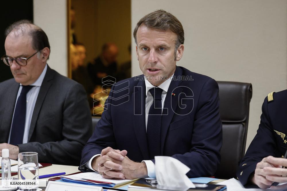 French President Emmanuel Macron Attends A National Security Meeting - Paris