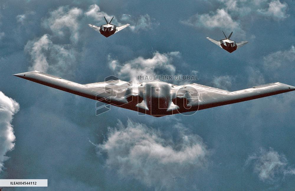 Northrop B-2 Spirit Bomber Followed by two Lockheed F-117 Nighthawks