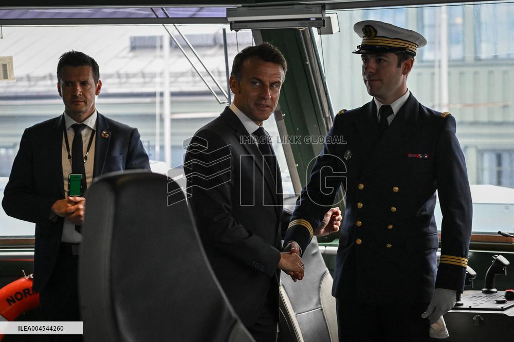 Emmanuel Macron visits the Normandie Frigate in Oslo FA