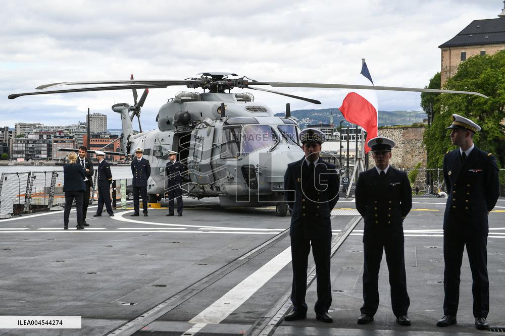 Emmanuel Macron visits the Normandie Frigate in Oslo FA