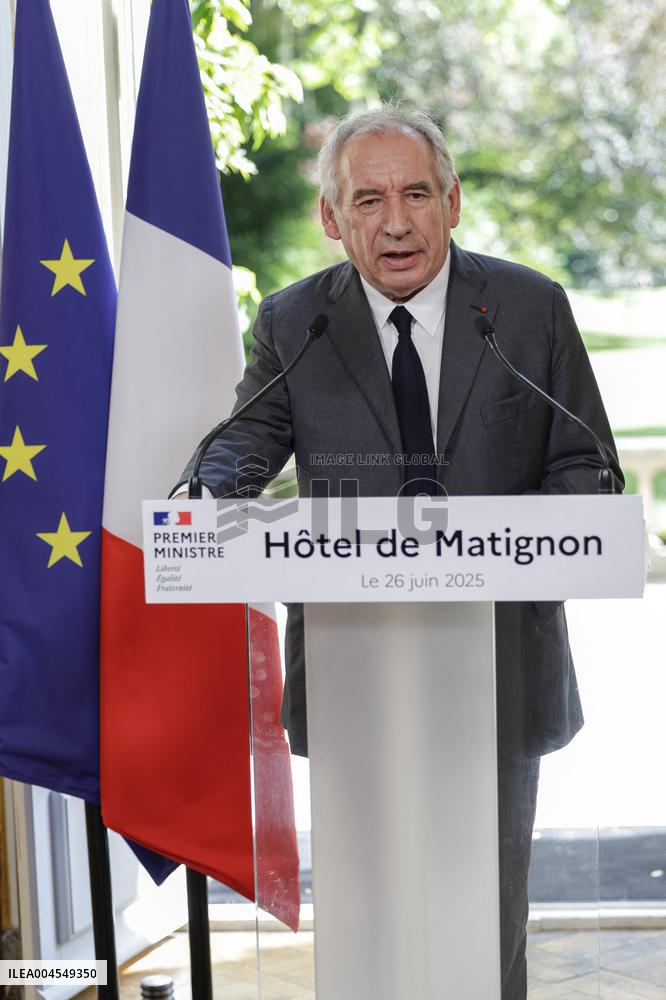 PM Bayrou Press Conference At Hotel De Matignon - Paris