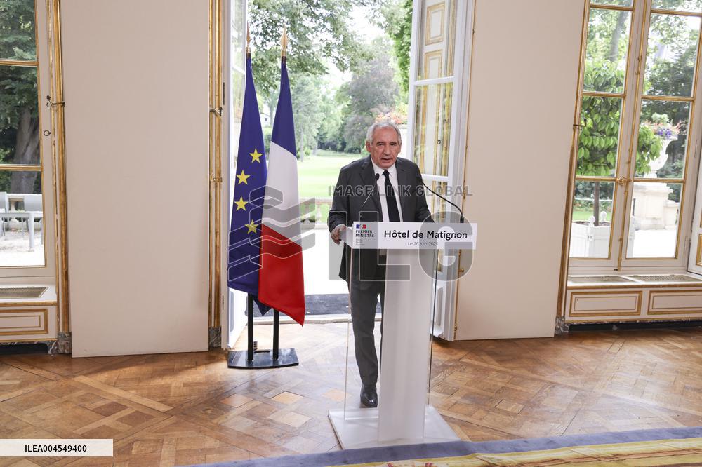 PM Bayrou Press Conference At Hotel De Matignon - Paris