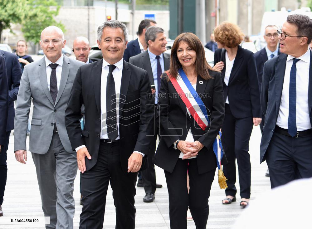 Anne Hidalgo And Gerald Darmanin At Robert Badinter Parvis Inauguration - Paris