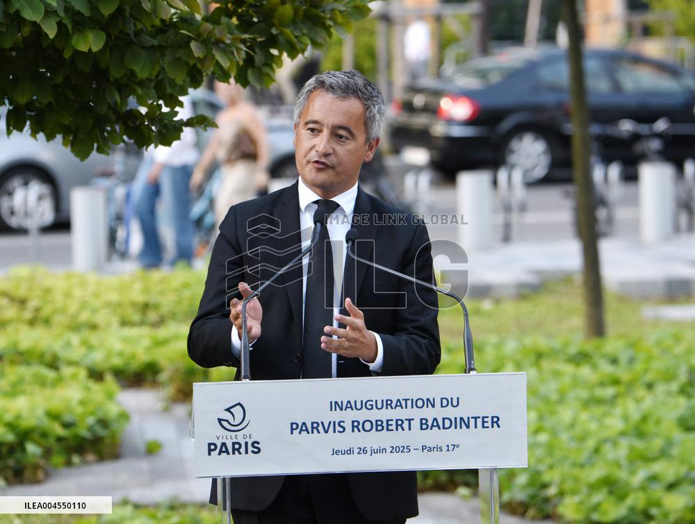 Anne Hidalgo And Gerald Darmanin At Robert Badinter Parvis Inauguration - Paris