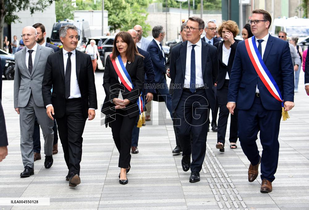 Anne Hidalgo And Gerald Darmanin At Robert Badinter Parvis Inauguration - Paris