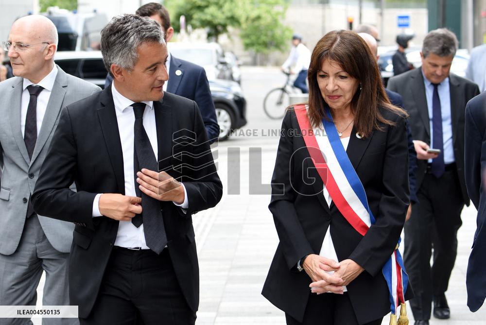 Anne Hidalgo And Gerald Darmanin At Robert Badinter Parvis Inauguration - Paris