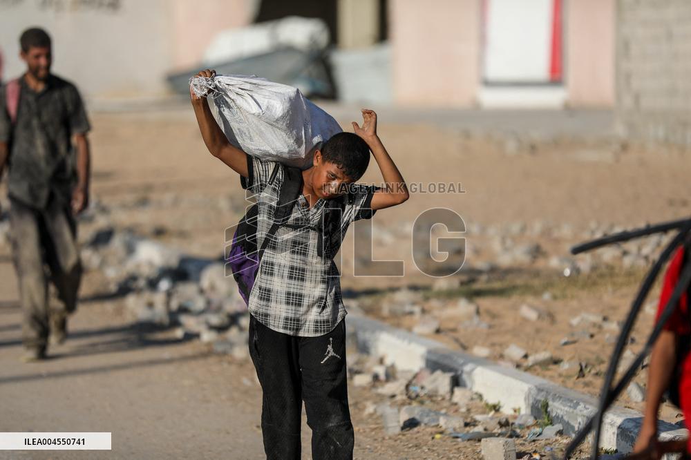 Palestinians Carry Collected Tree Branches and Scrap Wood - Gaza